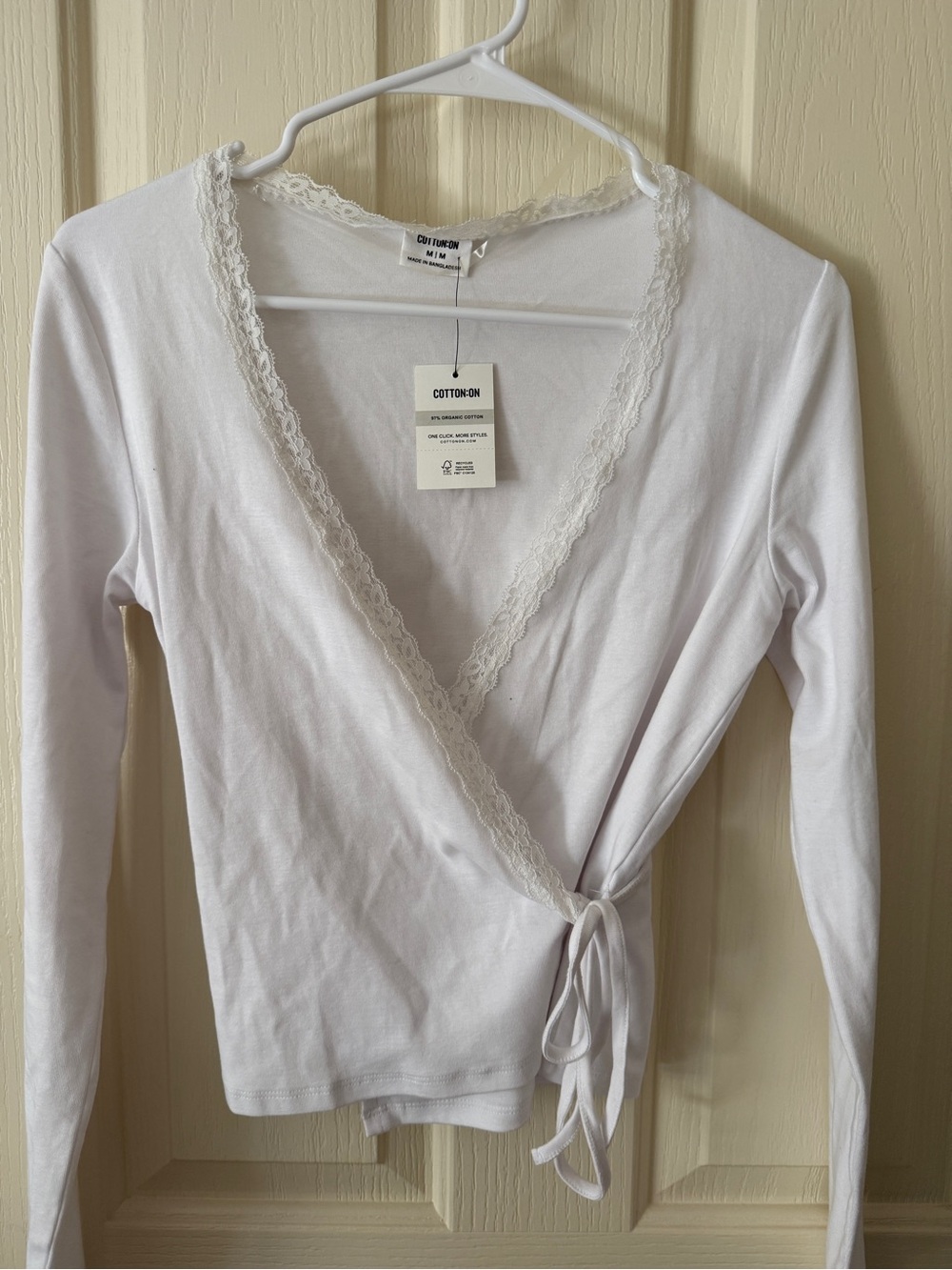 Cotton On White Lace-Trim Wrap Long Sleeve Top